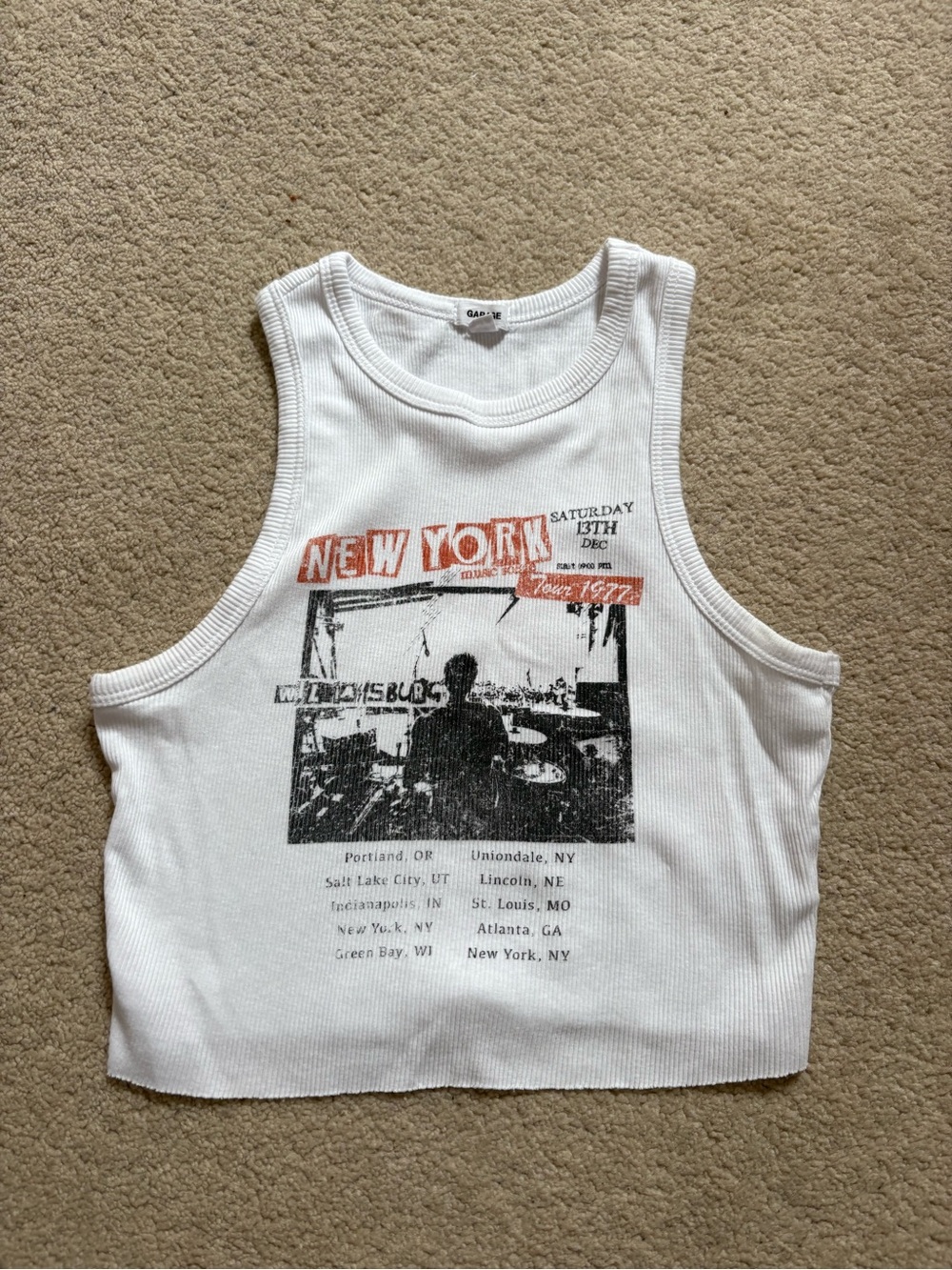 Garage White Ribbed Graphic Crop Tank with Orange & Black Print